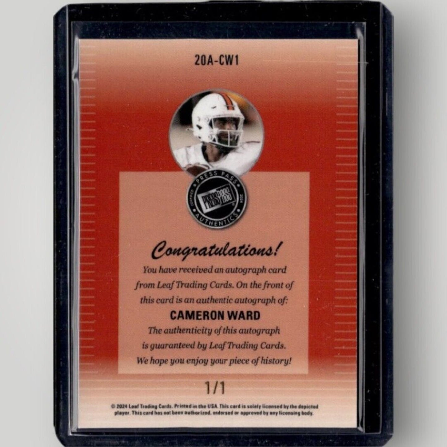 2024 Press Pass Shimmer Silver Cameron Ward 1/1 Auto Autograph